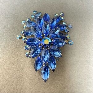Vintage Cathé Blue Rhinestone/AB Aurora Borealis Crystal Brooch Large Signed